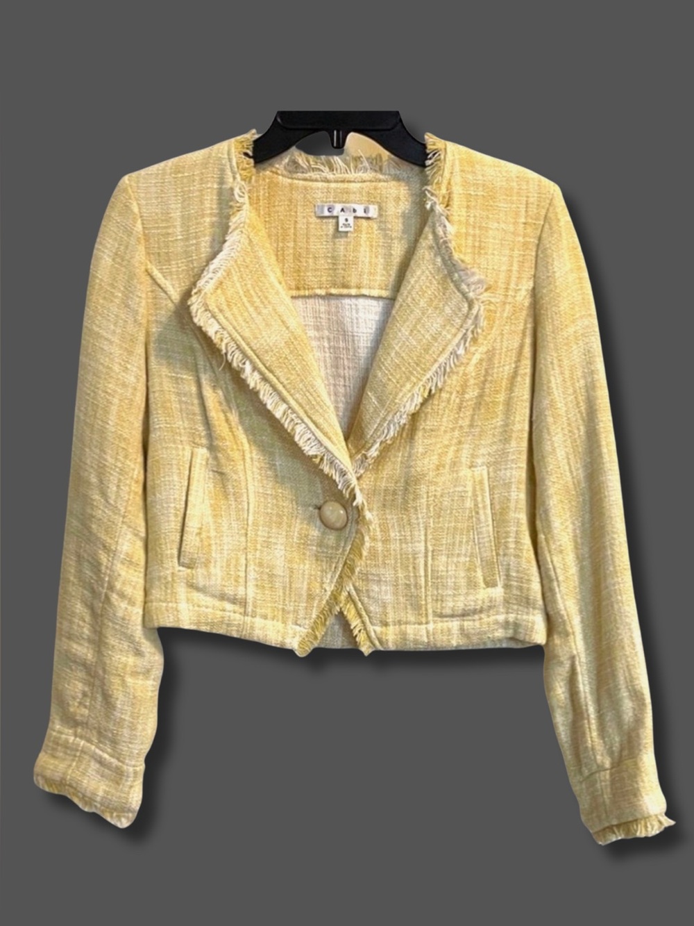 CAbi Yellow Tweed Cropped Blazer Jacket S Fringe Textured One Button
